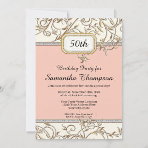 50:e femtionde Glam Guld Rosa Art nouveau födelsed Inbjudningar