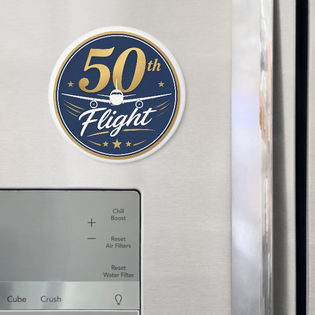 50:e flygning guld flygplan resminne magnet (In Situ (Fridge))