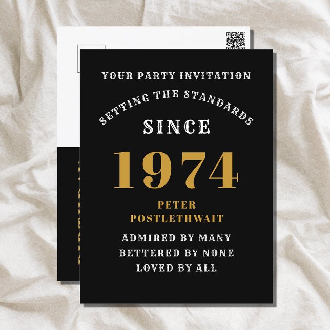 50:e födelsedag 1974 Svarta Guld Vykort (Elegant Black and Gold 50th Birthday Invitation - Create Your Own Personalized Design.)