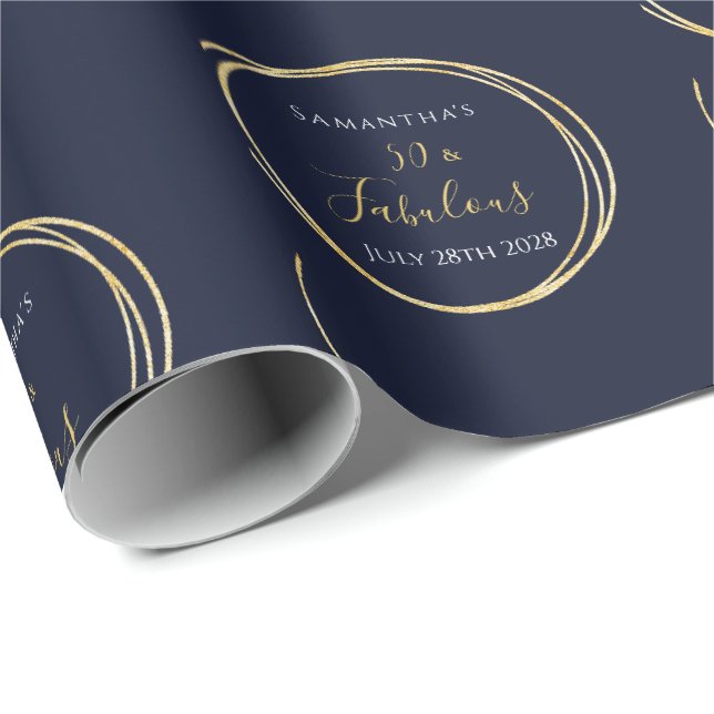 50:e födelsedag 50 och Fabulous Navy Guld Birthday Presentpapper (Rullad Hörn)