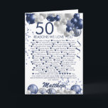 50:e födelsedag 50 skäl att vi Kärlek er Kort<br><div class="desc">Ett fantastiskt marinkort och silver-ballongkort lycklig 50:e (eller någon ålder). Den här fantastiska designen är perfekten för att säga till någon de 50 anledningarna till att du kärlekar dem och önska dem en femtioårsdag i lycklig (eller ändra ålder!) anpassa sig efter vårt eget namn och budskap. Blåfärgad färgad och vackra...</div>