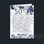 50:e födelsedag 50 skäl att vi Kärlek er Kort<br><div class="desc">Ett fantastiskt marinkort och silver-ballongkort lycklig 50:e (eller någon ålder). Den här fantastiska designen är perfekten för att säga till någon de 50 anledningarna till att du kärlekar dem och önska dem en femtioårsdag i lycklig (eller ändra ålder!) anpassa sig efter vårt eget namn och budskap. Blåfärgad färgad och vackra...</div>