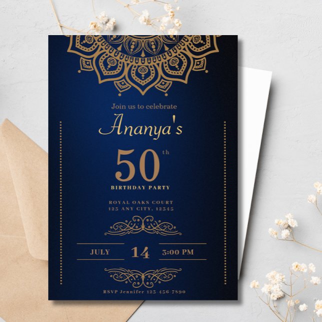 50:e födelsedag Blå Guld Mandala-Eleganten Enkel Inbjudningar (Skapare uppladdad)