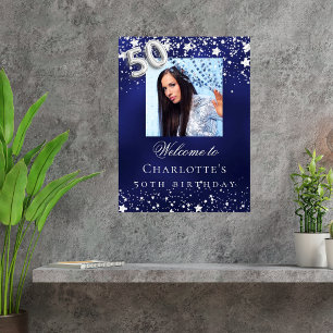 50:e födelsedag blåa silver-stjärnor - välkomnande poster
