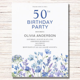 50:e födelsedag Blått Blommigt-inbjudan Vykort