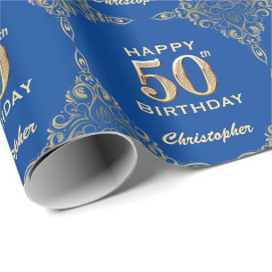 50:e födelsedag Blått och Guld Glitter Ram Presentpapper