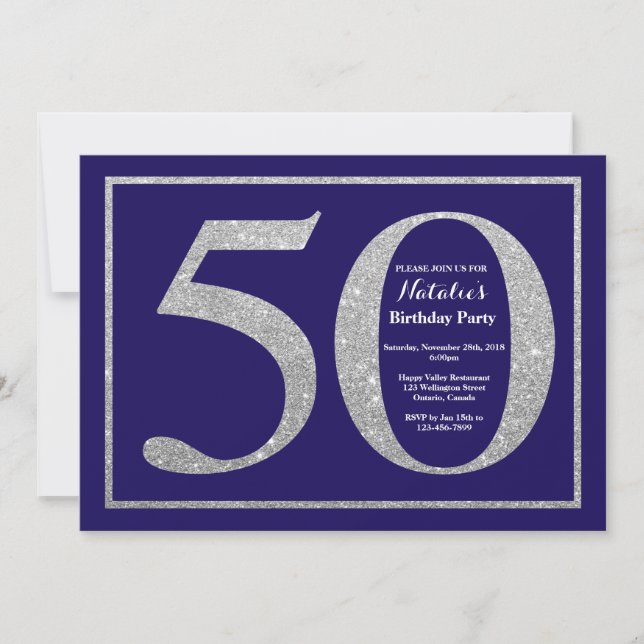 50:e födelsedag Blått och Silver Glitter Inbjudningar (Framsida)