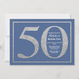 50:e födelsedag Blått och Silver Glitter Inbjudningar