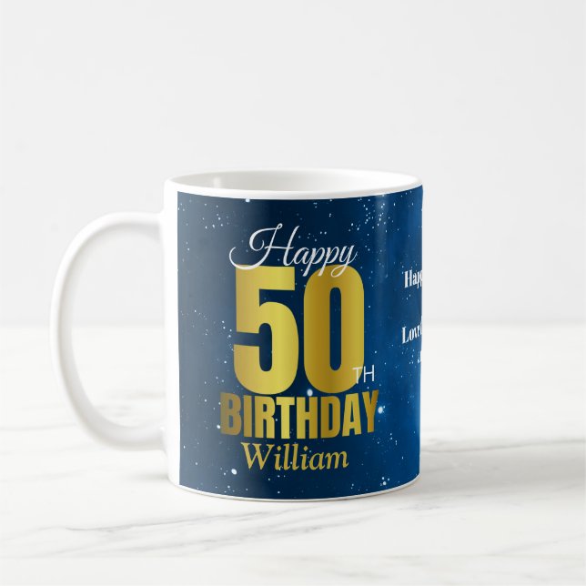 50:e födelsedag Blått rymdtypografiskt kaffe Mugg (Vänster)