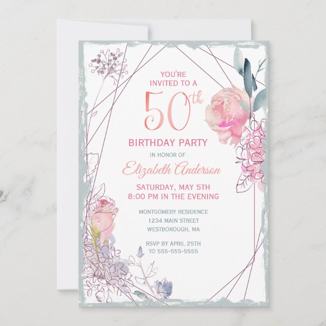50:e födelsedag Blommigt  Ro Watercolor Party Inbjudningar (Framsida)