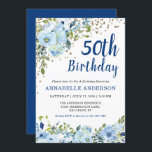 50:e födelsedag Blommigten Blåa Guld Glitter Inbjudningar<br><div class="desc">Blåskript Blommigt med vattenfärg Guld Confetti Glitter Bjud från födelsedagen Blått skript Blått  Inbjudan Utformningen har vackra blommigtar med vattenfärg,  ljusblå färg och grönt.</div>