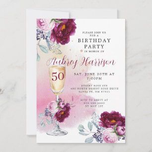 50:e födelsedag Blommigten champagne Glass Inbjudningar