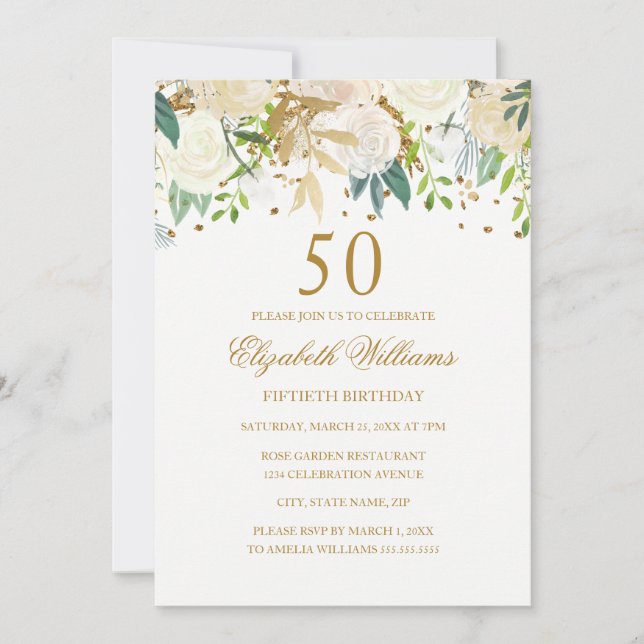 50:e födelsedag Elegant Guld Blommigt bjudande in Inbjudningar (Framsida)