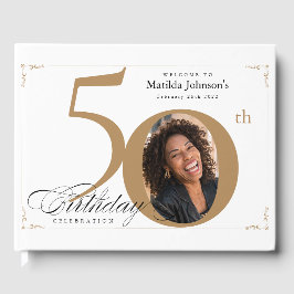 50:e födelsedag Elegant Guld White Calligraphy Pho Gästböcker