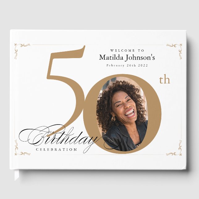 50:e födelsedag Elegant Guld White Calligraphy Pho Gästböcker (Framsida)