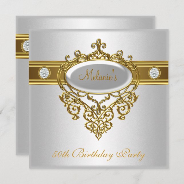 50:e födelsedag Elegant Snöre vit Guld Diamond 3 Inbjudningar (Fram/baksida)