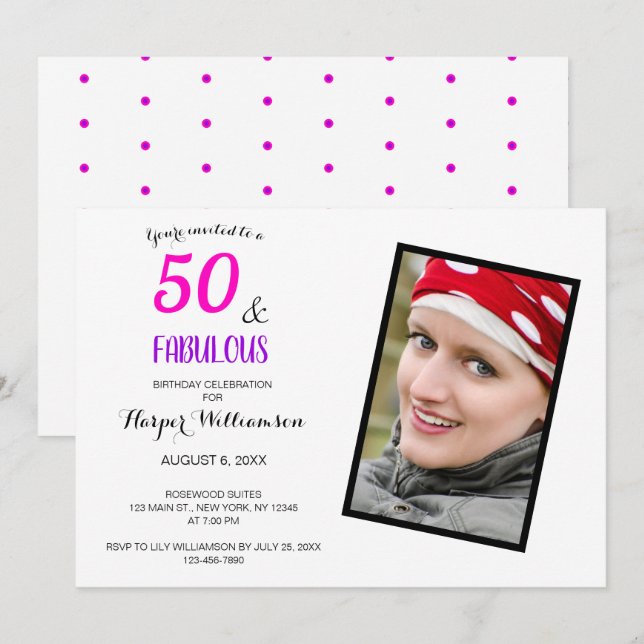 50:e födelsedag Foto Rosa Lila Elegant Party Inbjudningar (Fram/baksida)