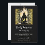 50:e födelsedag Guld Glitter Champagne Black Inbjudningar<br><div class="desc">Ett modernt glam och glam som bländar glättare 50:e milstolpen födelsedagsfest inbjudan med champagneglasögon som ger en skugga,  och guld glitter konetti på en svart bakgrund med snyggt modern manusstil. En öga som fångar och djärv glitter stil.</div>