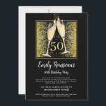 50:e födelsedag Guld Glitter Champagne Black Inbjudningar<br><div class="desc">Ett modernt glam och glam som bländar glättare 50:e milstolpen födelsedagsfest inbjudan med champagneglasögon som ger en skugga,  och guld glitter konetti på en svart bakgrund med snyggt modern manusstil. En öga som fångar och djärv glitter stil.</div>