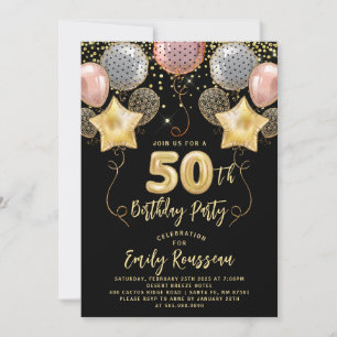 50:e födelsedag Guld Glitter Konfetti Buboner Blac Inbjudningar