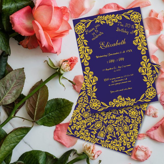 50:e födelsedag Guld Mörk blått botaniska Blommigt Inbjudningar (Skapare uppladdad)