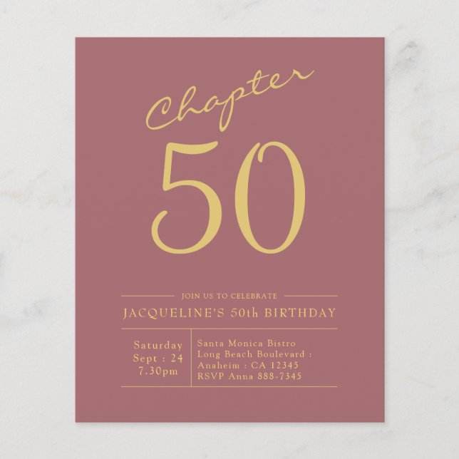 50:e födelsedag Guld Rosa budgetinbjudan Flygblad (Framsidan)