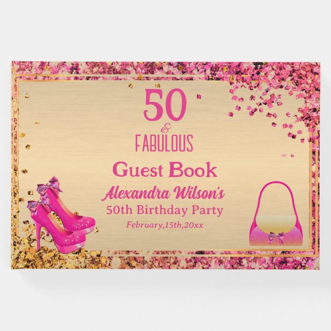 50:e födelsedag Guld Shock rosa Högklackar Glitter Gästböcker (Framsida)