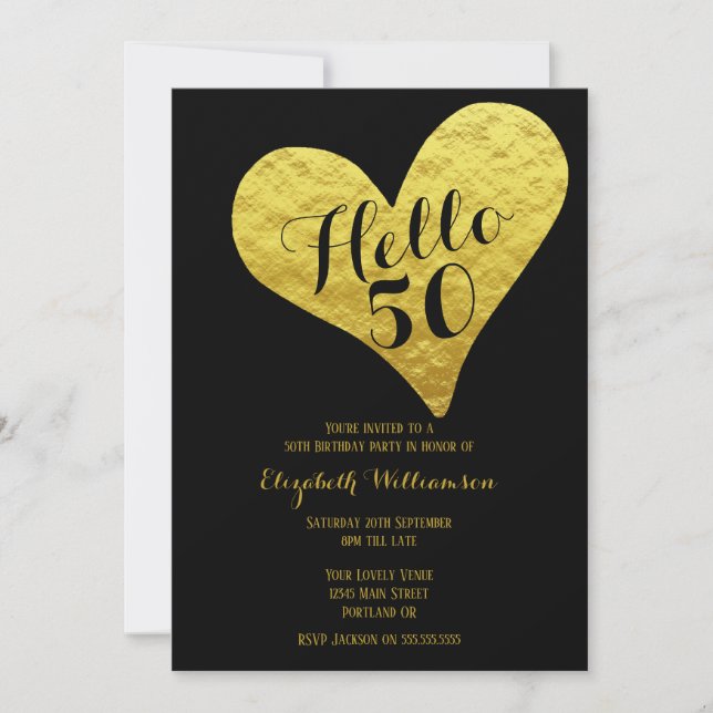 50:e födelsedag Hej 50 svart | Faux Guld Heart Inbjudningar (Framsida)