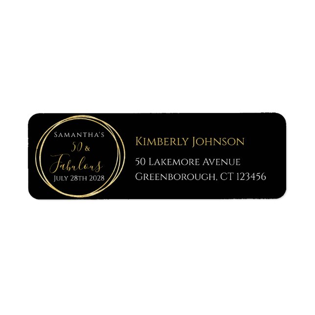 50:e födelsedag i Black Guld Returadress Returadress Etikett (Framsidan)