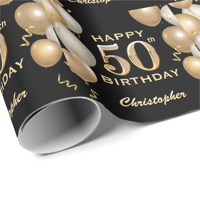 50:e födelsedag i Black och Guld Glitter Presentpapper (Rullad Hörn)