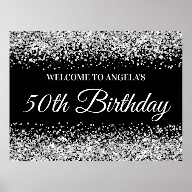 50:e födelsedag i Silver Svarta Glitter Poster (Framsidan)