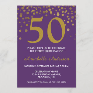 50:e födelsedag Lila Guld Confetti Dot Retro Chic Inbjudningar