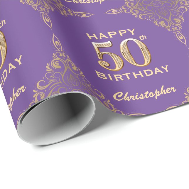 50:e födelsedag Lila och Guld Glitter Ram Presentpapper (Rullad Hörn)