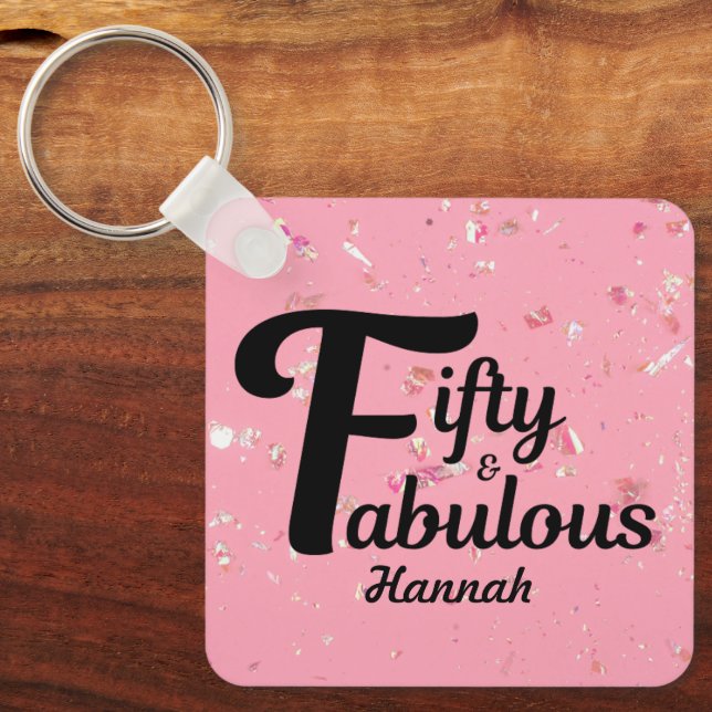 50:e födelsedag Lycklig 50:e Rosa-dekoration Nyckelring (Framsida)