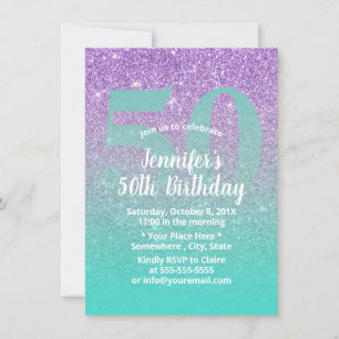 50:e födelsedag Modern Lila & Teal Glitter Ombre Inbjudningar