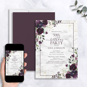 50:e födelsedag Plum Lila Guld Watercolor Marble Inbjudningar