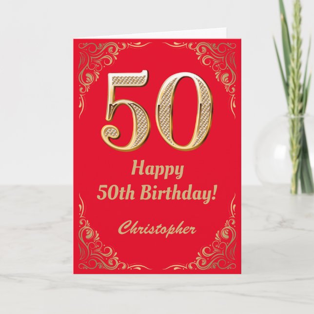50:e födelsedag Röda och Guld Glitter Ram Kort (Framsida)