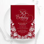 50:e födelsedag Röda Silver Ro Inbjudningar<br><div class="desc">Röda silver-eleganten 50:e födelsedagsfest inbjudan. Klassdesign med ro,  faux silver-folie och typsnitt för typsnitt. Trendig inbjudan-kortets perfekt för en snyggt kvinnlig dag firande. Anpassa med dina egna detaljer. Kan anpassas till vilken ålder som helst. Skrivna Zazzle-inbjudningar eller digital utskrivbar mall för omedelbar nedladdning.</div>