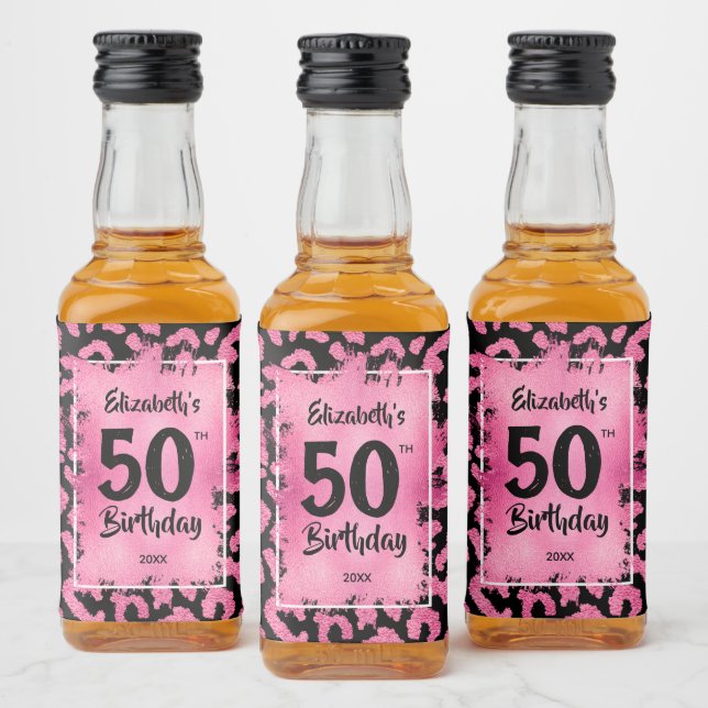 50:e födelsedag Rosa Black Leopard Mini Spritflaskor Etikett (Flaskor)