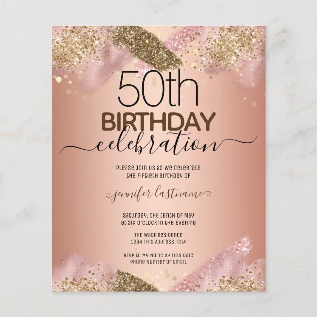 50:e födelsedag Rosa Glitter Party budgetinbjudan (Framsida)