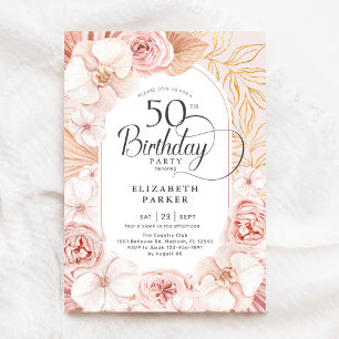 50:e födelsedag  Rosa Guld Blommigt Inbjudningar