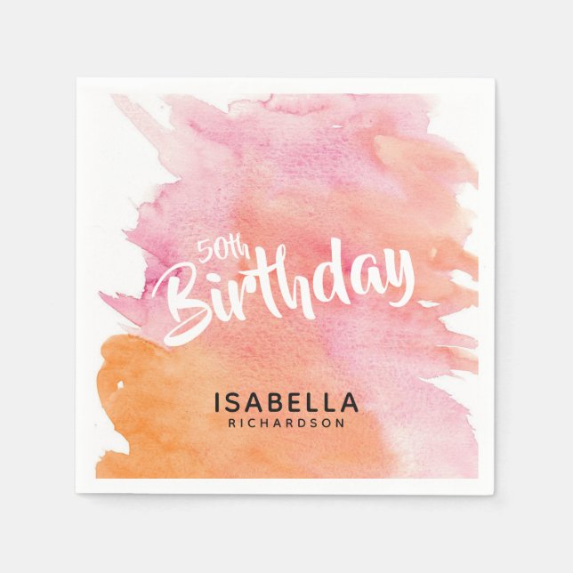50:e födelsedag Rosa och Orange Papper vattenfärg Pappersservett (Framsidan)