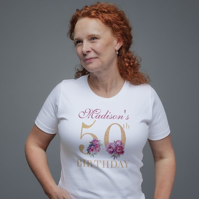 50:e födelsedag Rosa Peonies Guld Glitter Anpassni T Shirt (Skapare uppladdad)