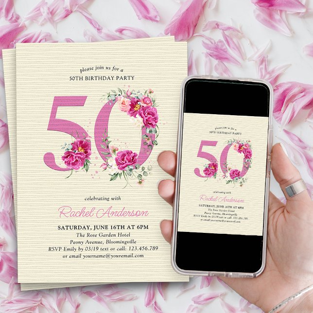 50:e födelsedag Rosa Peony-Blommigt nummer 50 Inbjudningar (50th Birthday Invitation with pink floral number 50 - elegant vintage design with roses and peonies)