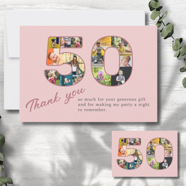 50:e födelsedag  Rosa Photo Collage Tack (Blush dusty pink 50th birthday thank you card with photo collage.)