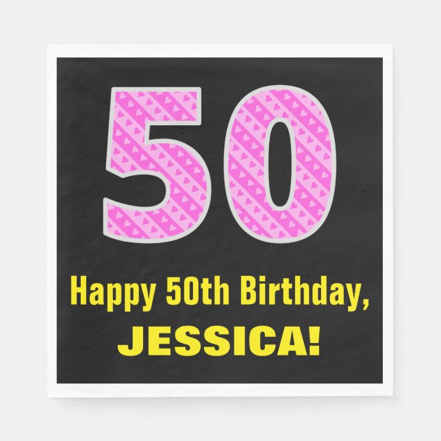 50:e födelsedag: Rosa Rand och hjärtan "50" + Namn Pappersservett (Framsidan)
