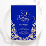 50:e födelsedag Royalet Blue Guld Ro Inbjudningar<br><div class="desc">Royal blå guld elegant 50 födelsedagsfest inbjudan. Klassdesign med ro,  faux guld-folie och typsnitt för typsnitt. Trendig inbjudan-kortets perfekt för en snyggt kvinnlig dag firande. Anpassa med dina egna detaljer. Kan anpassas till vilken ålder som helst. Skrivna Zazzle-inbjudningar eller digital utskrivbar mall för omedelbar nedladdning.</div>