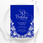 50:e födelsedag Royalet Blue Silver Ro Inbjudningar<br><div class="desc">Royal blå silver elegant 50 födelsedagsfest inbjudan. Klassdesign med ro,  faux silver-folie och typsnitt för typsnitt. Trendig inbjudan-kortets perfekt för en snyggt kvinnlig dag firande. Anpassa med dina egna detaljer. Kan anpassas till vilken ålder som helst. Skrivna Zazzle-inbjudningar eller digital utskrivbar mall för omedelbar nedladdning.</div>