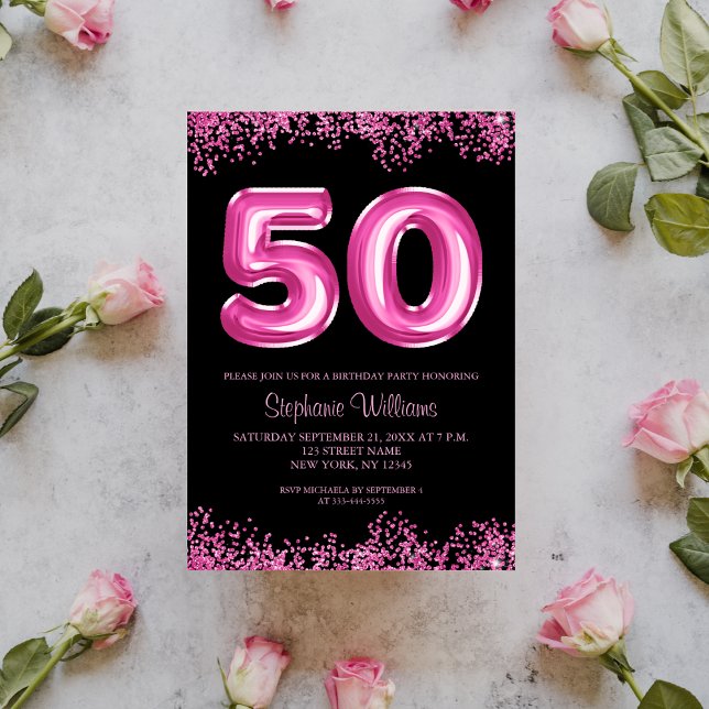 50:e födelsedag Shock rosa Balloons Gllitter Party Inbjudningar (Skapare uppladdad)