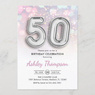 50:e födelsedag - Silver-ballonger Rosa Ljus Inbjudningar